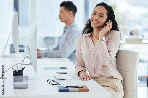 Call center, desk and portrait of consultant woman in telemarketing office for online assistance or help. Computer, contact us and microphone with agent or operator in workplace for customer support