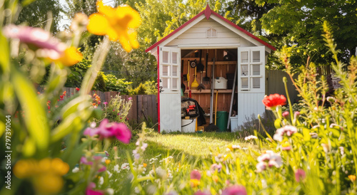 A white and red garden shed with open doors displaying gardening tools, set against the backdrop of lush green grass in a sunny backyard. The background features vibrant flowers blooming