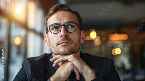 A contemplative man with glasses looks thoughtfully into the distance, embodying professionalism in a modern office setting.