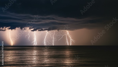 lightning over the city  Bright lightning strikes the ground at night. Stormy sky with multiple lightning from the clouds over the sea against the backdrop of the night city