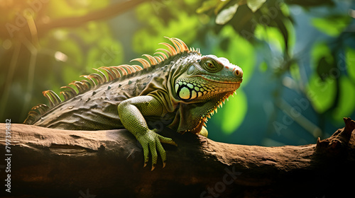 a green iguana sitting on a branch of a tree in a jungle forest dwelling background