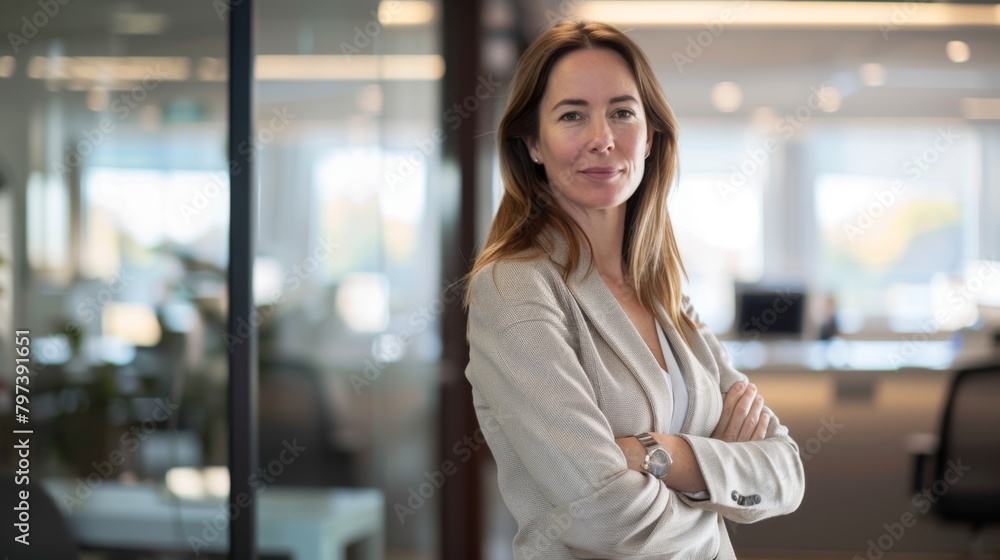 A poised woman in casual business attire stands confidently in a well-lit office environment.