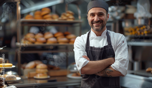 man in a bakery, man baker in bakery shop looking at camera and smiling