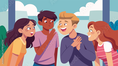 A group of teenagers sneak up to the lookout giggling and whispering as they share juicy gossip and daring each other to reveal their crushes and. Vector illustration