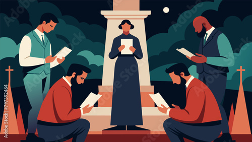 A somber reading of the Emancipation Proclamation at a solemn memorial with people bowing their heads in respect.. Vector illustration
