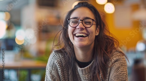Capturing a moment of pure joy, a person laughs wholeheartedly, complemented by chic glasses and a comfortable sweater.
