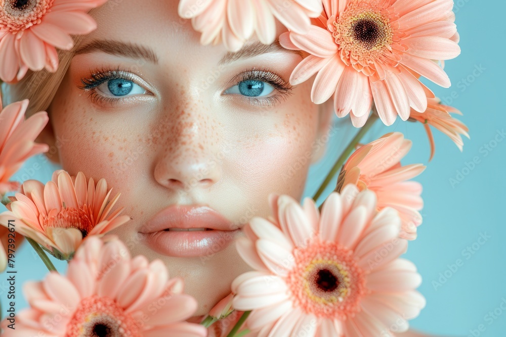 A mesmerizing woman with striking blue eyes is surrounded by a sea of delicate pink flowers, creating a dreamy and enchanting scene. A mesmerizing woman with striking blue eyes is surrounded by a sea of delicate pink flowers, creating a dreamy and enchanting scene.