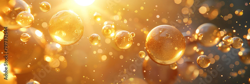 Golden yellow abstract oil bubbles or face serum background. Oil and water bubbles .golden yellow Bubbles oil or collagen serum for cosmetic product, banner poster