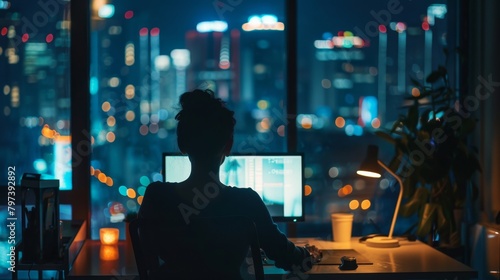 A woman working intently on her computer against a backdrop of a city at night, symbolizing focus and dedication in a modern setting.