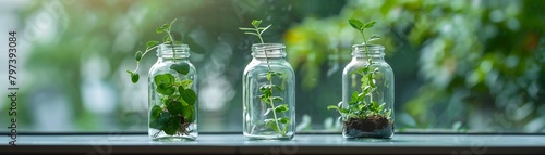 Three different plants thriving inside sealed glass bottles, symbolizing a micro-ecosystem or terrarium.