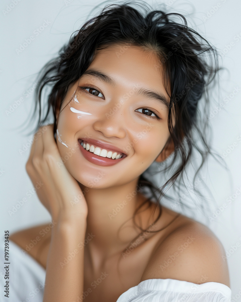 Head and shoulders portrait of beautiful Mixed-Race woman applying face cream, health spa fresh skin, smile Head and shoulders portrait of beautiful Mixed-Race woman applying face cream, health spa fresh skin, smile
