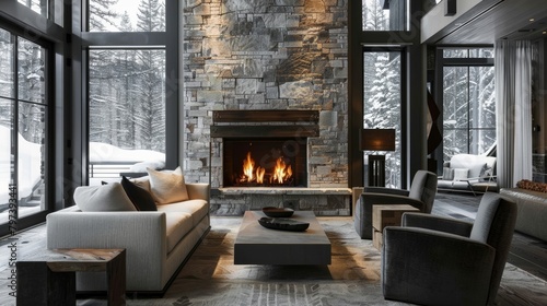 Wallpaper Mural The rustic stone fireplace contrasts beautifully against the sleek contemporary furniture in this monochromatic room. 2d flat cartoon. Torontodigital.ca