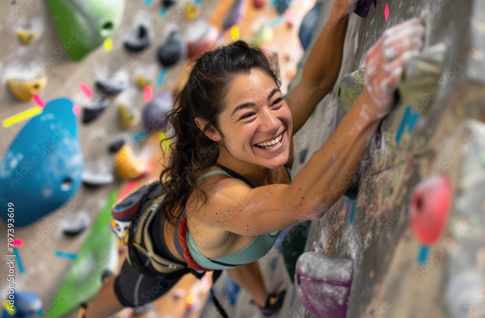 an attractive woman smiling and climbing on the bouldering wall in her indoor gym.