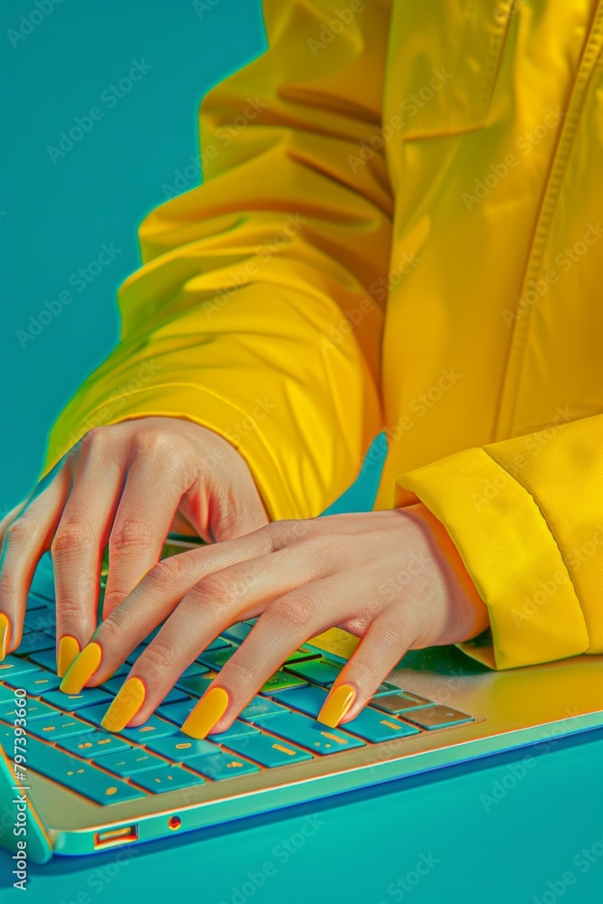 A woman in a vibrant yellow jacket is focused and typing on a laptop, surrounded by a creative energy.