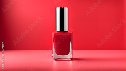A bottle of red nail polish sits on a table
