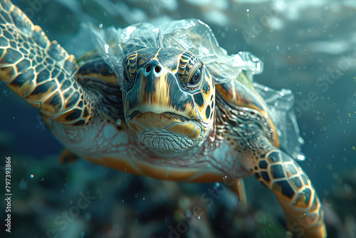 A sea turtle with plastic bags wrapped around its body  swimming in the ocean. Created with Ai