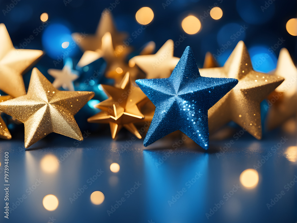 Abstract background composed of blue and gold stars, festive celebration background, blue and gold tones, Christmas and New Year celebrations Abstract background composed of blue and gold stars, festive celebration background, blue and gold tones, Christmas and New Year celebrations