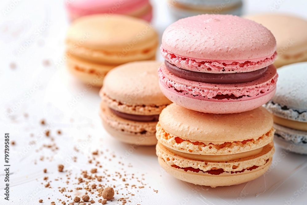 Macarons cakes on white background Colorful delicious french macarones wide banner