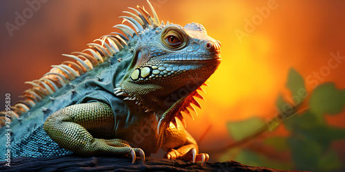 blue iguana on a branch of a tree jungle biodiversity on a blurred background