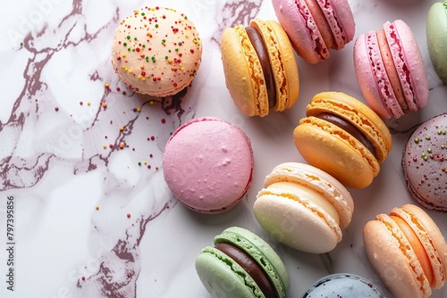 Macarons cakes on white background Colorful delicious french macarones wide banner photo