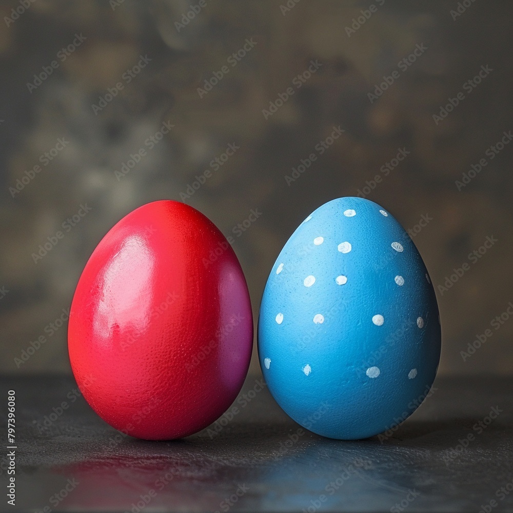Two red blue easter eggs on dark backround Easter art egg concept,copy space for text Two red blue easter eggs on dark backround Easter art egg concept,copy space for text