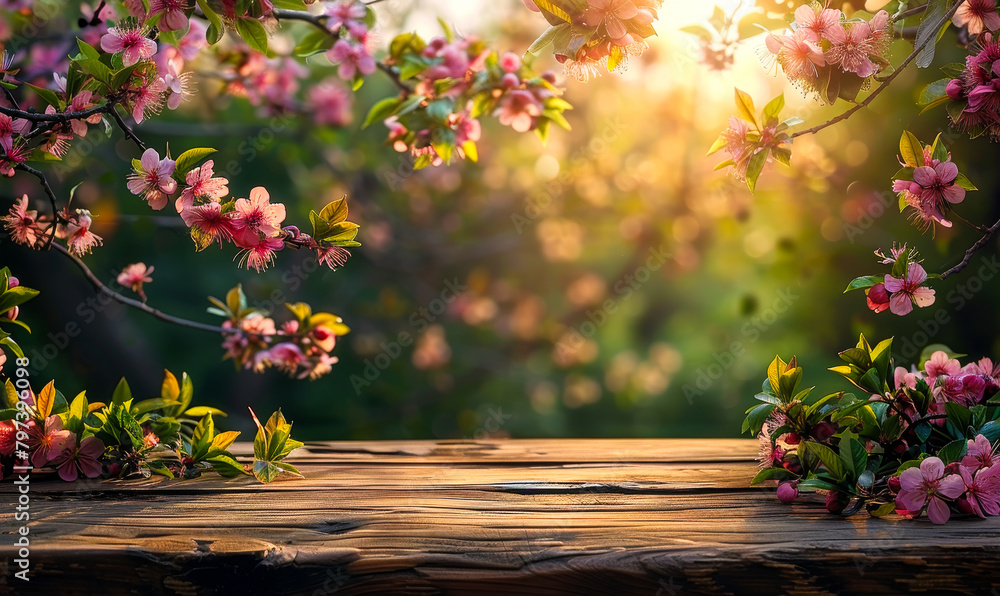 Rustic Wooden Table Green Spring Garden Backdrop - Sunlit Flowering Blooms, Fresh Foliage, Outdoor Nature Scene