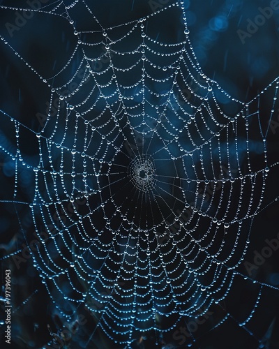 spider web glistens with dew against a mysterious, dark and empty background