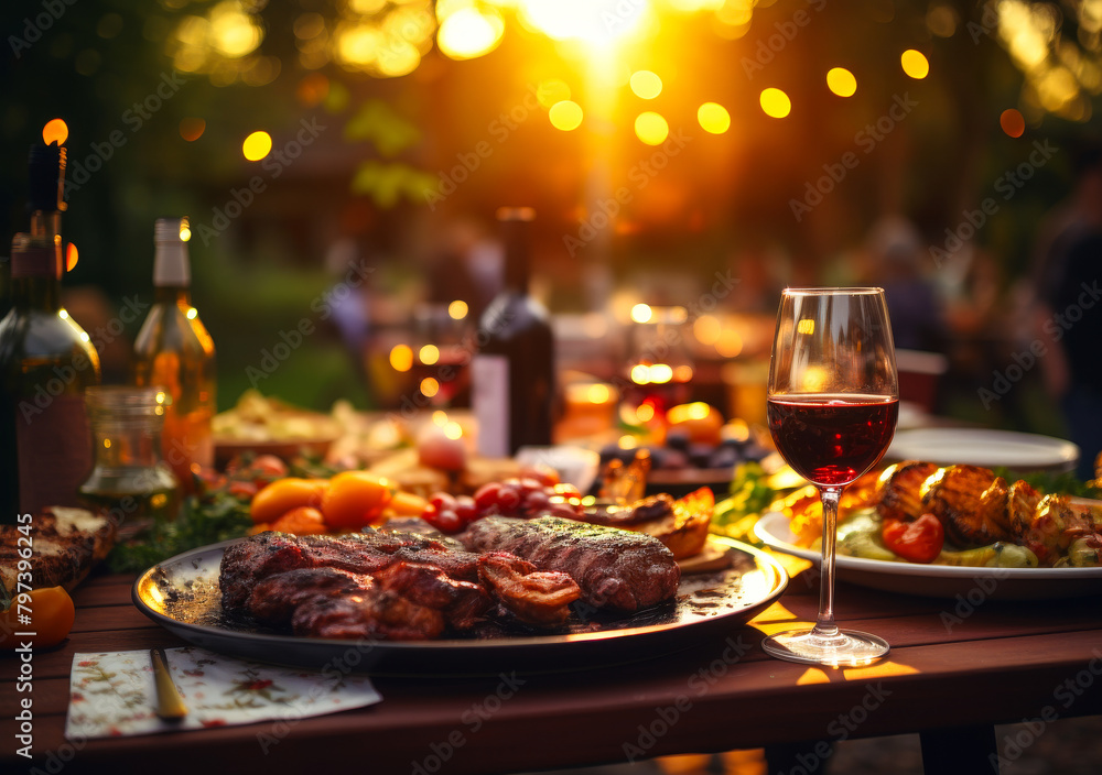 Backyard BBQ Party: Grilled Meats, Fresh Salads, Wine on Rustic Table with Joyful Friends Gathering at Sunset