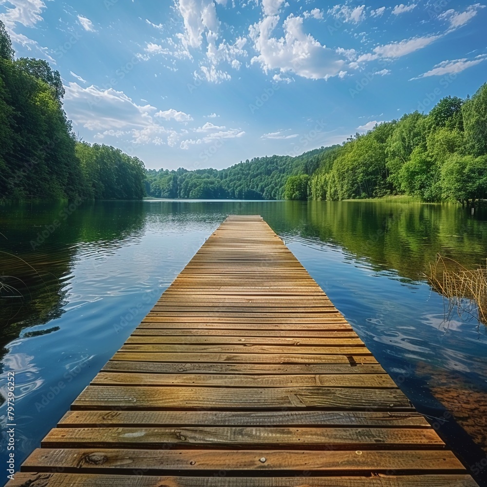 A calming waterfront view, inviting one to relax on a wooden dock leading to a serene lake surrounded by lush green forests copy space for text A calming waterfront view, inviting one to relax on a wooden dock leading to a serene lake surrounded by lush green forests copy space for text