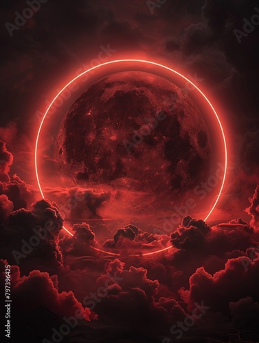 abstract red neon circle amidst mysterious in dark clouds photo