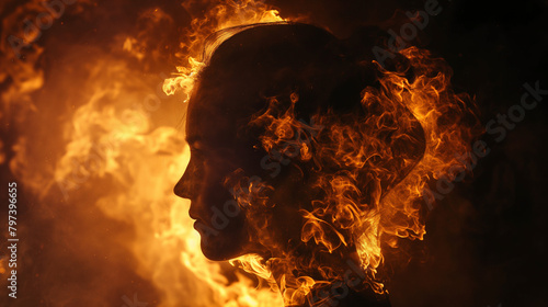 A wild girl made entirely of fire, on a black background, power of girl
 photo