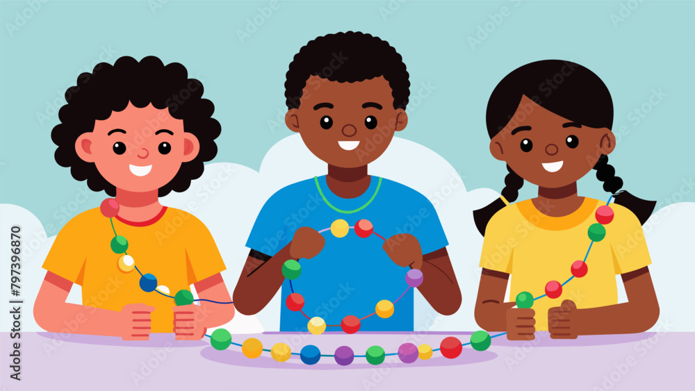 As part of a Juneteenth craft workshop children stringing together brightlyhued beads on bracelets to represent the strength and resilience of the. Vector illustration As part of a Juneteenth craft workshop children stringing together brightlyhued beads on bracelets to represent the strength and resilience of the. Vector illustration