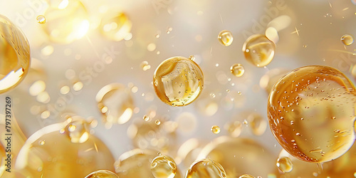 Golden yellow abstract oil bubbles or face serum background. Oil and water bubbles .golden yellow Bubbles oil or collagen serum for cosmetic product, banner poster