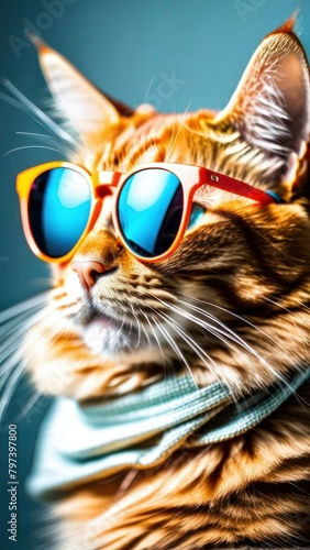 Closeup portrait of funny ginger cat wearing sunglasses isolated on light cyan. Copyspace. © Oleks Stock