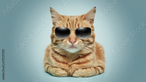 Closeup portrait of funny ginger cat wearing sunglasses isolated on light cyan. Copyspace. © Oleks Stock