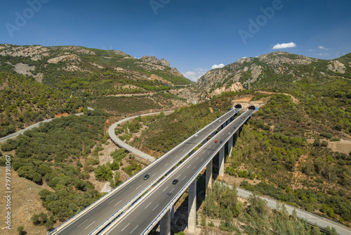 Aerial view of the Despeñaperros gorge and the roads that cross the strait (Jaén, Andalusia, Spain)