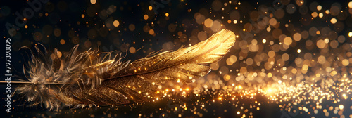 Feather of a bird on a dark background, A feather glows with a golden light surrounded by sparks and glittering particles
