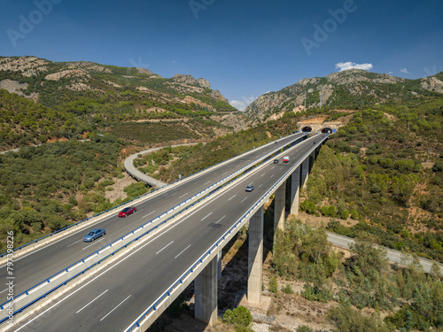 Aerial view of the Despeñaperros gorge and the roads that cross the strait (Jaén, Andalusia, Spain)