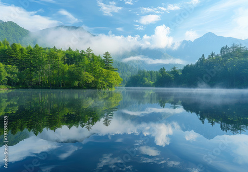 Beautiful trees reflected in the lake, with a calm water surface. Fog sits atop the forest on this sunny day, with a blue sky and white clouds. Green mountains provide a background for the lake © Kien