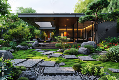 Modern house with wooden accents, stone circulating around the entrance of one side and front garden with lush green plants and colorful flowers. Created with Ai