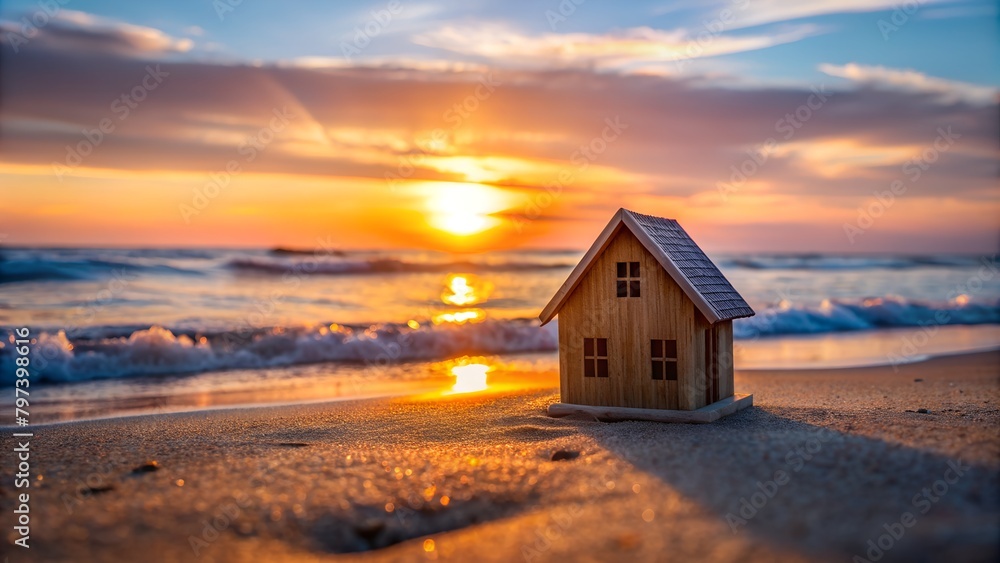 Miniature House Model Basks in Sunrise Glow, Inspiring Dreams of Coastal Living Bliss. Miniature House Model Basks in Sunrise Glow, Inspiring Dreams of Coastal Living Bliss.
