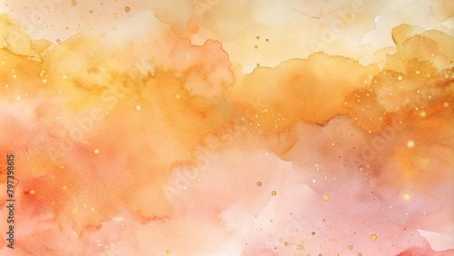 abstract watercolor art painting background deep orange peach apricot with gold and silver metallic accents