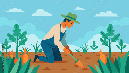 A farmer carefully handweeding a bed of carrots using the ageold od of intercropping to control weeds without the use of herbicides.
