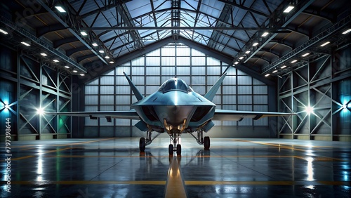 Hangar Scene Features Jet Display, Highlighted by Illuminating Lights, Offering Stunning Visuals.