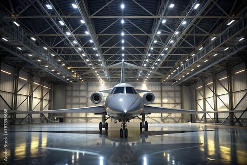 Jet Graces Hangar Display, Bathed in Illuminating Lights, Ready for Close Inspection.