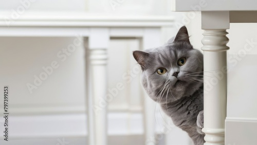 beautiful funny grey British cat peeking out from behind a white table with copy space © Oleks Stock