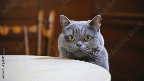 beautiful funny grey British cat peeking out from behind a white table with copy space © Oleks Stock