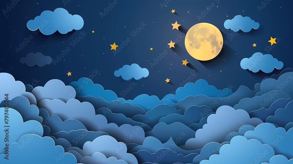 Paper art moon, fluffy clouds and stars at midnight. Modern 3d origami paper art style. Vector illustration Paper art moon, fluffy clouds and stars at midnight. Modern 3d origami paper art style. Vector illustration