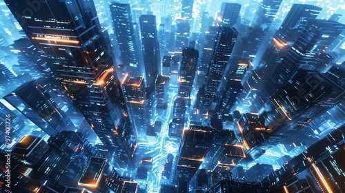 Imagine a high-angle view of a futuristic cityscape with holographic interfaces depicting the subconscious minds labyrinthine patterns in glorious CG 3D rendering