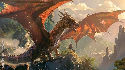 Immerse viewers in a mythical realm with a digital painting of rear view ancient dragons in a mesmerizing VR environment, capturing their majestic scales and fierce gaze